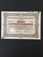 Löwenwerke AG Heilbronn 1000 Birodalmi Márka Részvény 1941..