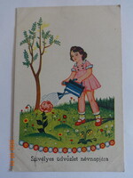 Régi grafikus névnapi képeslap -virágot locsoló kislány (1940)