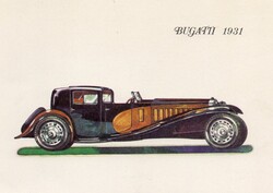 Képeslap:  Autók, Bugatti 1931. Tőreky Ferenc rajza.