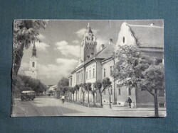 Képeslap,Kiskunhalas,Köztársaság utca,templom,autóbusz látkép,részlet,1960-