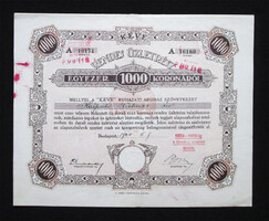 KÉVE Ruházati Áruház Szövetkezet alapítványi üzletrész 1000 korona 1924