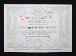 KÉVE Ruházati Áruház Szövetkezet üzletrész 100 korona 1920