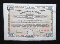 KÉVE Ruházati Áruház Szövetkezet alapítványi üzletrész 100000 korona 1924