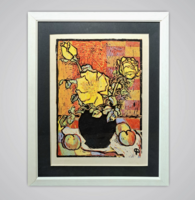 Pap Gyula: Csendélet (színes linómetszet, fehér keretben) szignózott grafika