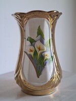 Szecessziós kála virágcsokor díszített csupa arany színű antik porcelán váza