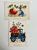 2db régi, retro grafikus, rajzos, nyuszis húsvéti képeslap - grafika: Boór Vera, Demjén Zsuzsa