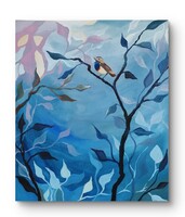 Kékbegy festmény, 50x60 cm, olaj-vászon, modern, kék árnyalatos, friss, természet, madár, harmónia