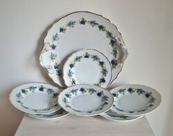 I.osztályú Hollóházi porcelán szeder mintás 6 személyes süteményes készlet kínálóval original csomag