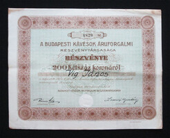 Budapesti Kávésok Áruforgalmi Részvénytársasága részvény 200 korona 1919 - kávé