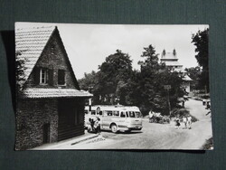 Képeslap,Mátraháza,SZOT üdülő,szálló,MÁVAUT buszmegálló,állomás,Ikarus busz látkép,részlet,1960-