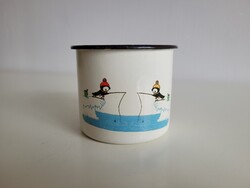 Régi retro horgász pingvin mintás zománcos fém gyerekbögre zománcozott pingvines kis gyerek bögre