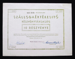 Szálloda Értékesítő Részvénytársaság részvény 10x50 pengő 1937