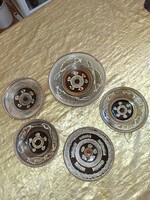 Horezu-i kerámia falitányér, tányérok 5 db. Barna-türkizkék/türkizzöld