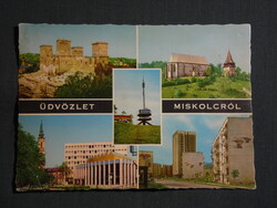 Képeslap,Miskolc,mozaik,Avasi templom,Tv torony,Diósgyőr vár,művelődési ház látkép,részlet,1970-