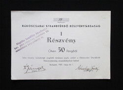 Rákoscsabai Strandfürdő Részvénytársaság részvény 50 pengő 1931