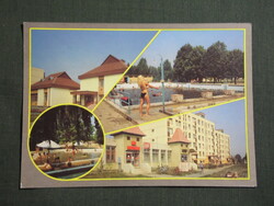 Képeslap,Nagyszénás,mozaik,strand,iskola,OTP,ABC áruház,utca látkép,részlet,1987-