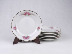 1V060 Rózsa mintás, aranyozott Hüttl porcelán süteményes tányér készlet 7 darab