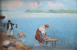 Paraszti életkép: Mosónő és vízhordó férfi - Somogyiné Kiss Ida jelzéssel - S. Kiss Ida