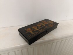 Antik kínai doboz úti írószer tinta tartó festett matricás fekete fa toll tartó tolltartó 19. század