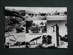 Képeslap,Nagybörzsöny,mozaik,ABC áruház,presszó,templom,tanácsháza,harangláb látkép,részlet,1977-