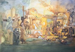 Németi Judit (1954-): Antique scene (watercolor) ancient-style picture, colorful genre painting, landscape