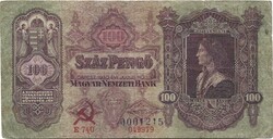 100 pengő 1930 Piros sarló kalapács és fekete  sorszám  felülbélyegzés, bélyegzett bélyegezve