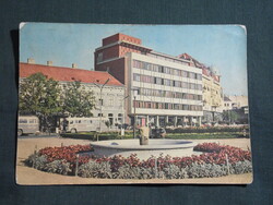 Képeslap,Nagykanizsa,Szabadság tér,gyógyszertár,szálló,presszó,utca,Ikarus bus látkép,részlet, 1964-