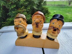 Vintage, régi, fából faragott palackdugó és italkiöntő készlet_ritkaság!