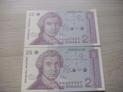 25 Dinár  2 db Párban Sorszámkövető  1991 Horvátország