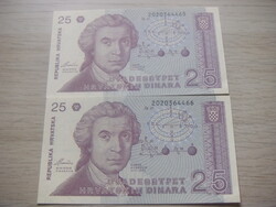 25 Dinár  2 db Párban Sorszámkövető  1991 Horvátország
