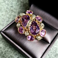 Oversized 14K gold Amethyst and Diamonds Double Heart Ring