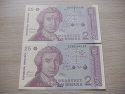 25 Dinár  2 db Párban Sorszámkövető  1991 Horvátország