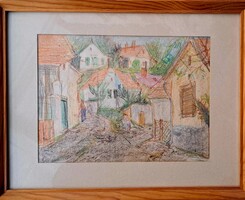 Hikádi Erzsébet Utcakép zsírkrétarajz