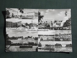 Képeslap,mozaik,Orosháza tanácsháza,Kossuth szobor,tér,benzinkút,strand látkép,részlet, 1967-