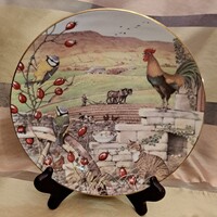 Vidéki jelenetes, virágos állatos porcelán tányér, dísztányér 1 (M5484)