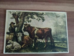 Antik lap, pásztor, juhok, tehén, postatiszta