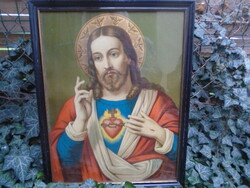 Szentkép jézus szíve üvegezett fa képkeretben 55*43 cm Seiber szignoval ritkaság