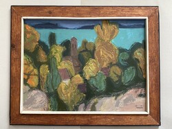 TAMÁS ERVIN (1922-1996) BALATONI VÍZPARTI TÁJ, KÉPCSARNOKOS FESTMÉNY