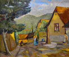 XX. sz közepe magyar festő : A KÚTNÁL ( Falusi utca részlet )