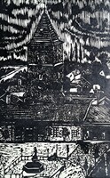 Domján Sándor (1952-2017): Nagyszalonta, Csonka torony (fametszet) Bihar megye, Partium, Románia
