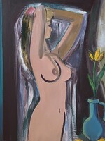Eszter Jakab (1943-1989) young girl combing her hair, female nude with flowers, picture gallery painting