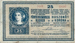 25 korona kronen 1918 hullámos hátlap sorozatszám 3101-3142 közötti 13 x 3,5 mm 1.