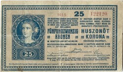 25 korona kronen 1918 üres hátlap sorozatszám 3001-3042 közötti 1.