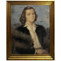 Burján László (1909- ) Hölgy bundában, 1948 - nagy méretű gyönyörű portré /számlát adunk hozzá/