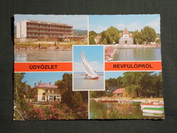 Képeslap,Révfülöp,mozaik,Ibolya cukrászda,móló,templom,strand,szálló látkép,részlet,1984-