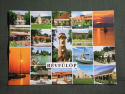 Képeslap,Révfülöp,mozaik,Ibolya cukrászda,móló,templom,strand,szálló látkép,részlet,2000-