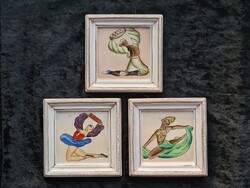 3 db antik kézzel festett keleti táncosok vintage porcelán kép garnitúra