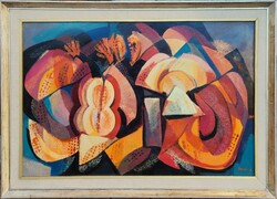 Paróczi Ágnes (1937 -2022 ) Kubista Csendélet c.Képcsarnokos olajfestménye EREDETI GARANCIÁVAL !!