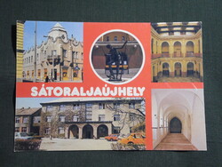 Képeslap,Sátoraljaújhely,mozaik,Pénzügyi palota,iskola,botos fiú szobor látkép részlet, 1987-