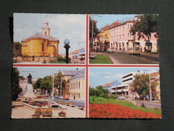 Képeslap,Sátoraljaújhely,mozaik,Hősök tere,emlékmű,Kossuth szobor templom,ABC,utca részlet, 1984-